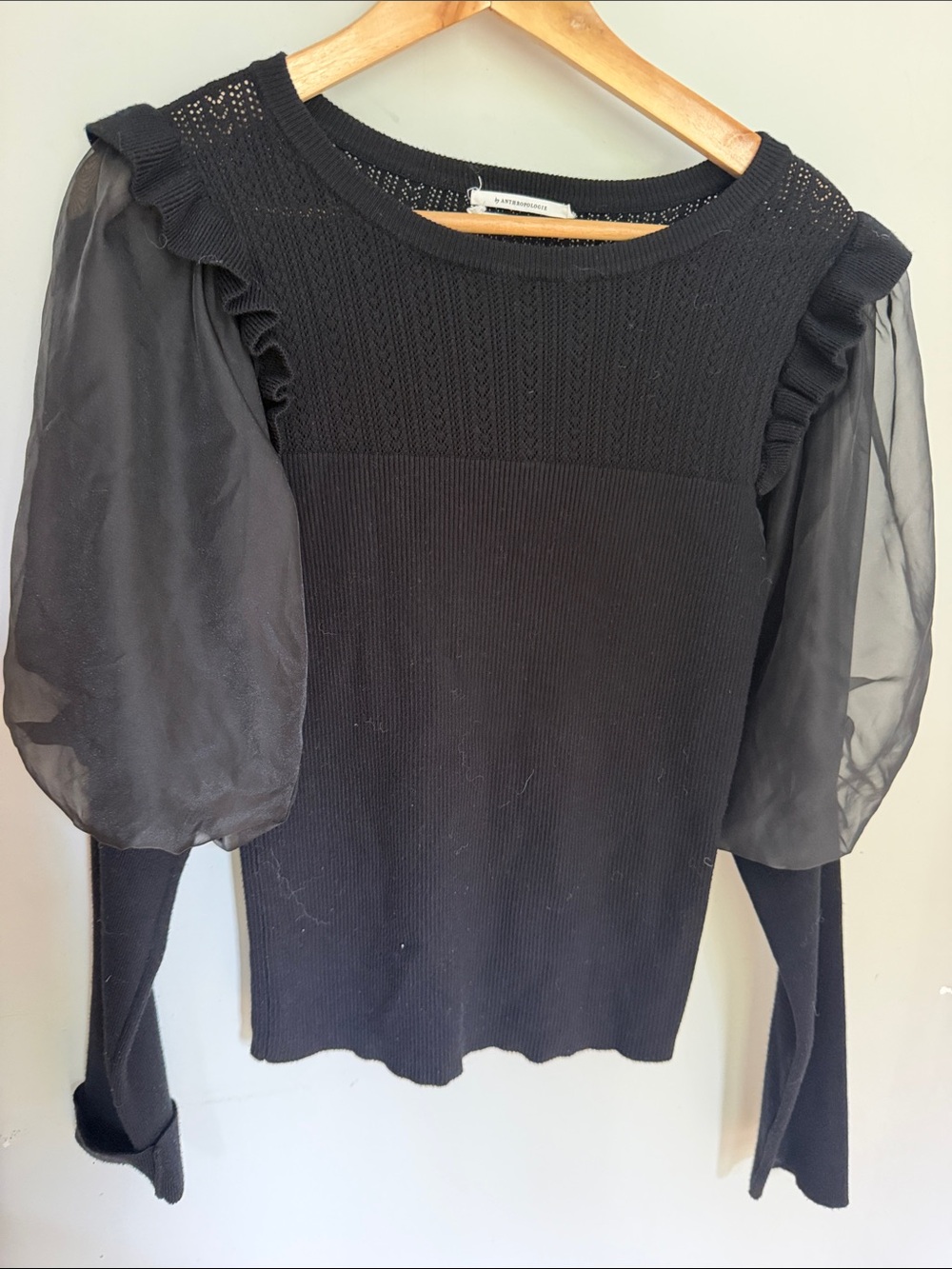 Anthropologie Black Knit Top with Sheer Puff Sleeves